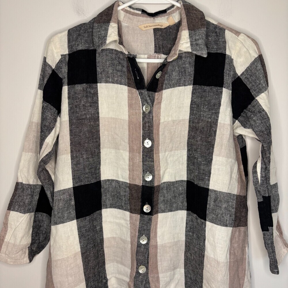 SOFT SURROUNDINGS Linen Blend Button Up Shirt Womens XS Black Tan Plaid Collar